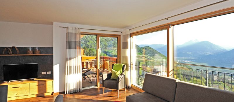 Soggiorno moderno con divano, poltrona e ampie finestre con vista sulle montagne.